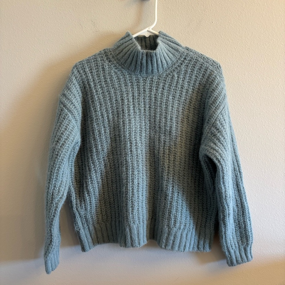 Sezane Josepha Sweater Wool Alpaca Mock Neck Chunky Knit Ribbed Frosted Blue XS - Picture 3 of 13